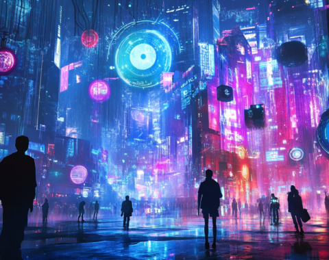 a group of people walking in a city ai