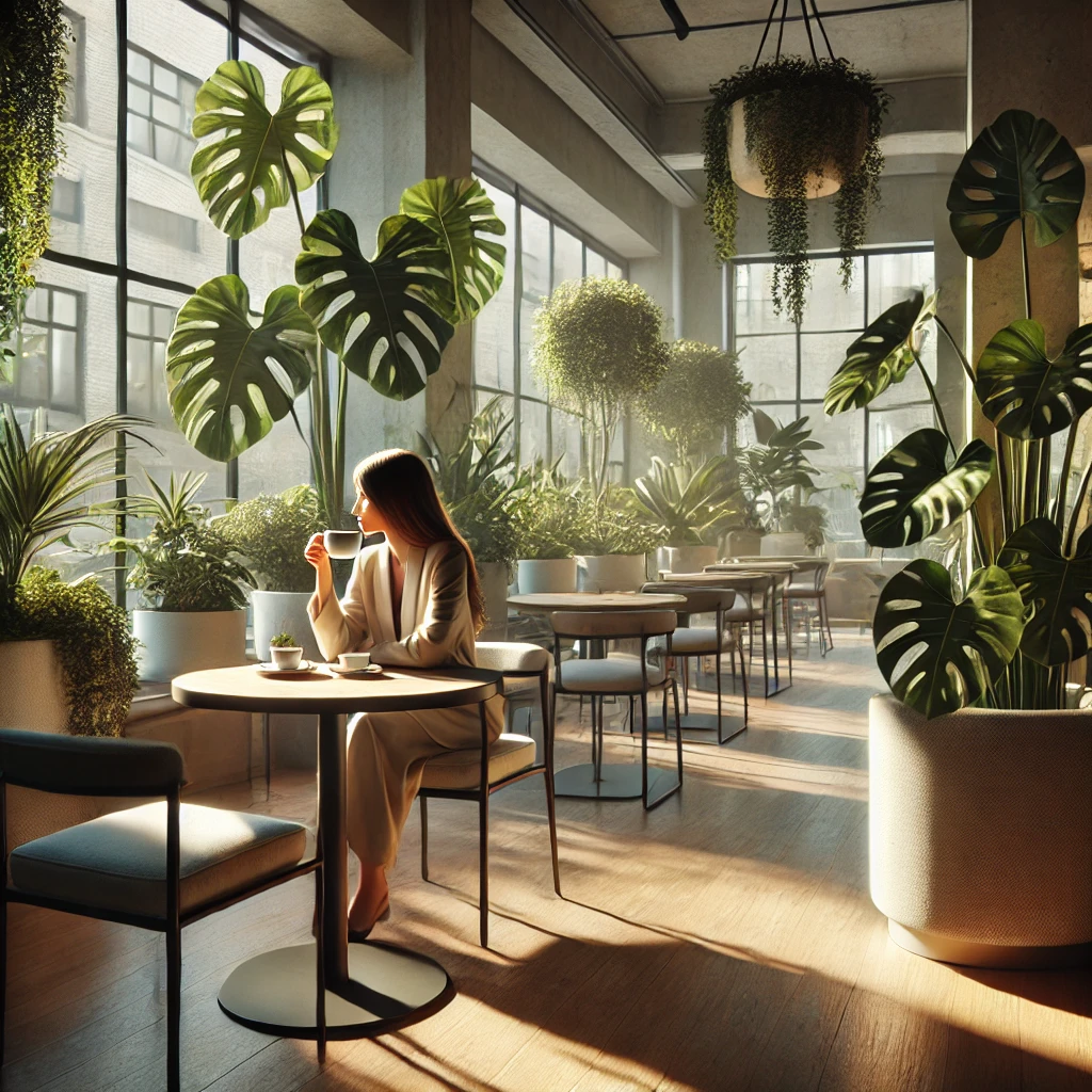a woman sitting at a table in a room with plants programmer citizen