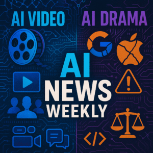 Grafika newsowa AI z podziałem na sekcje: video AI, skandale technologiczne i aktualizacje OpenAI na futurystycznym tle z elementami sztucznej inteligencji
