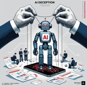 Ilustracja przedstawiająca rękę kukiełkarza kontrolującą robota z napisem AI - metafora oszustwa Builder.ai